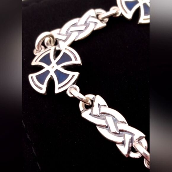 Sterling Silver 925 Maltese Cross Blue Enamel Bracelet Vintage - Picture 5 of 14